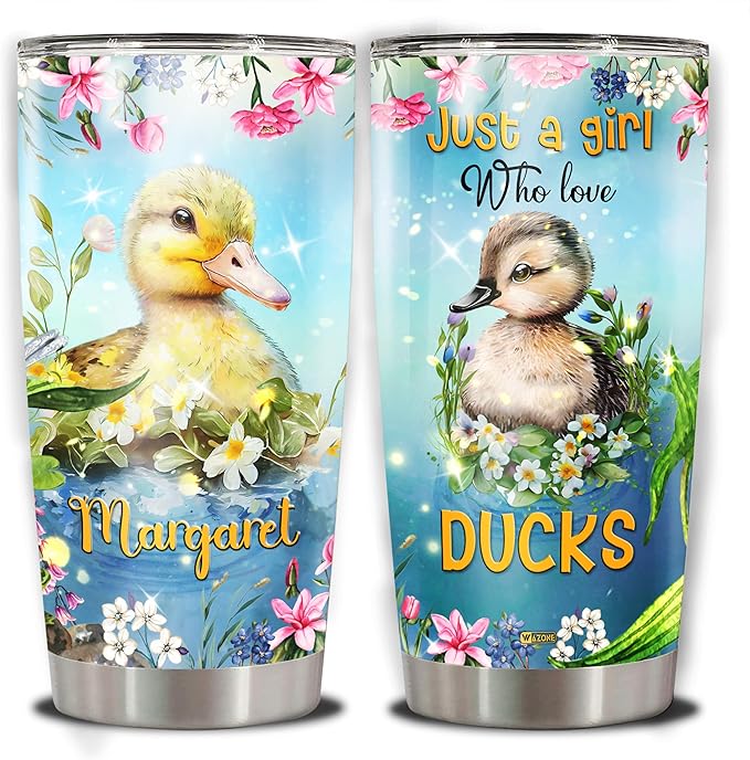 WAZONE Personalized Tumbler Just A Girl Who Loves Ducks Flower Cute Animal Print Stainless Steel Insulated 20oz 30oz Coffee Cups With Lid Customized Name Birthday Christmas Gifts For Girls - Bloomnest