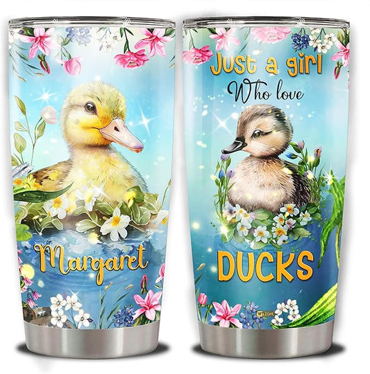 WAZONE Personalized Tumbler Just A Girl Who Loves Ducks Flower Cute Animal Print Stainless Steel Insulated 20oz 30oz Coffee Cups With Lid Customized Name Birthday Christmas Gifts For Girls - Bloomnest