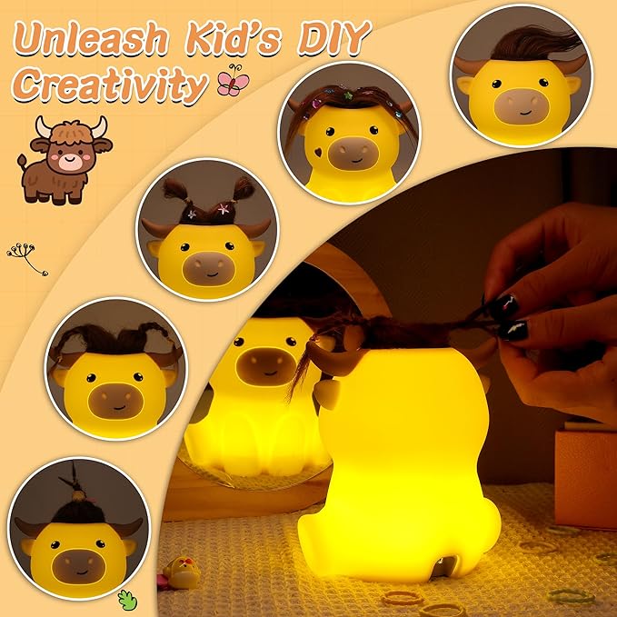 Highland Cow Night Light, Fluffy Cow Squisy Lamp for Kids, Soft Silicone Animal Nightlamp with 2 Levels Dimmable & 20 Mins Timer, Rechargeable LED Light Gifts for Baby Boys Girls - Bloomnest