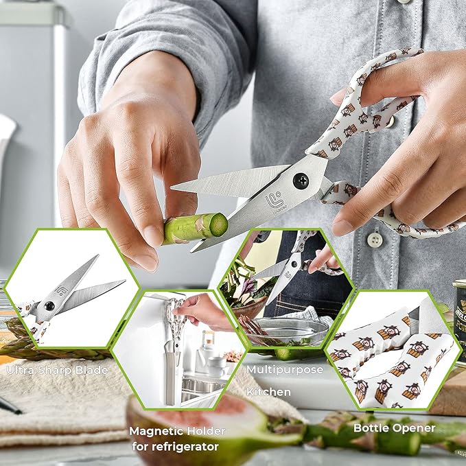 Linoroso Kitchen Scissors Heavy Duty Kitchen Shears with Magnetic Holder Made with Japanese Steel 4034, Multipurpose Ultra Sharp Cooking Scissors for Meat/Vegetables/BBQ/Herbs/Pizza (Graphic,Cow) - Bloomnest
