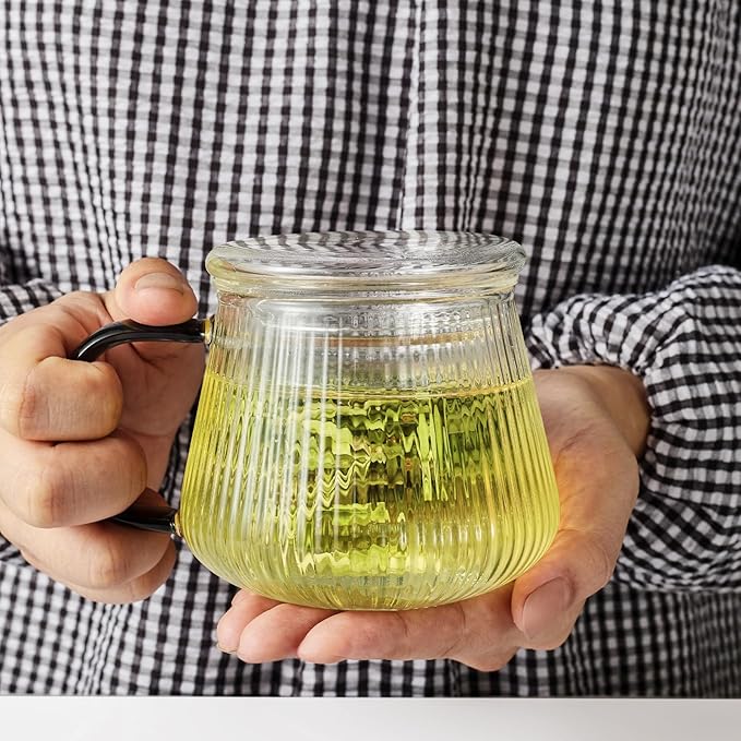 Lezero Tea Infuser Cup with Filter and Lids, Borosilicate Glass Mugs with Strainer for Blooming & Loose Leaf, Lead-free, Microwave & Dishwasher Safe, 14oz - Bloomnest