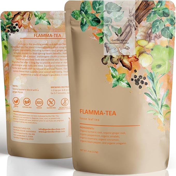 Gardenika Organic Flamma-tea Loose Leaf Tea | Premium Turmeric Ginger Blend with Cinnamon, Peppermint & Black Pepper | 100% Natural, Caffeine Free Herbal Wellness Tea | 4oz (113g) - Bloomnest
