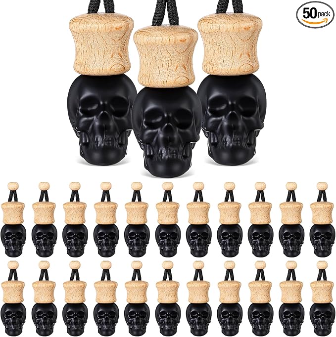 BBTO 50 Pcs Hanging Car Air Freshener Black Car Diffuser Bottles Empty Glass Perfume Bottle Freshener Diffuser Bottle Pendant for Essential Oil Fragrance Aromatherapy Bottle Ornament (Skull Head) - Bloomnest