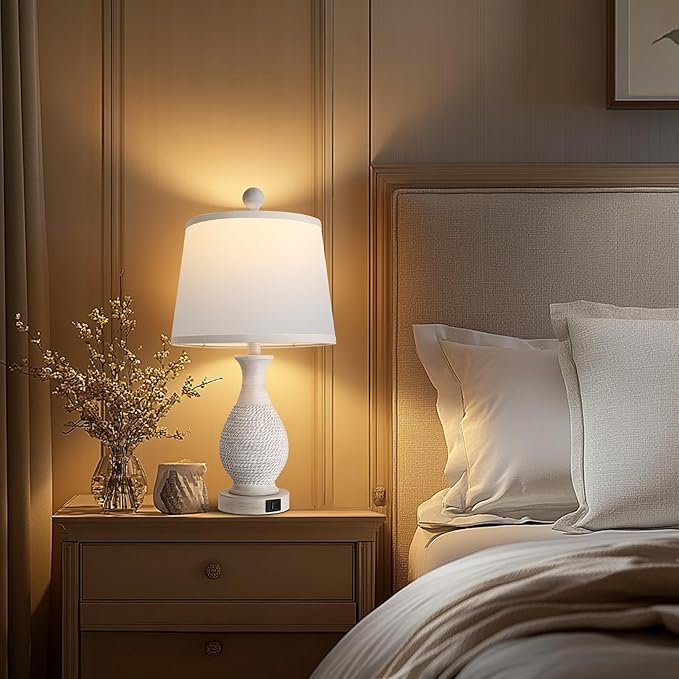 PARTPHONER Traditional Table Lamps Set of 2, Bedside Touch Lamp with USB C+A Charging Ports, Rustic Farmhouse Table Lamps for Living Room Bedroom, Side Table Lamp with White Fabric Shade, Antique Grey - Bloomnest