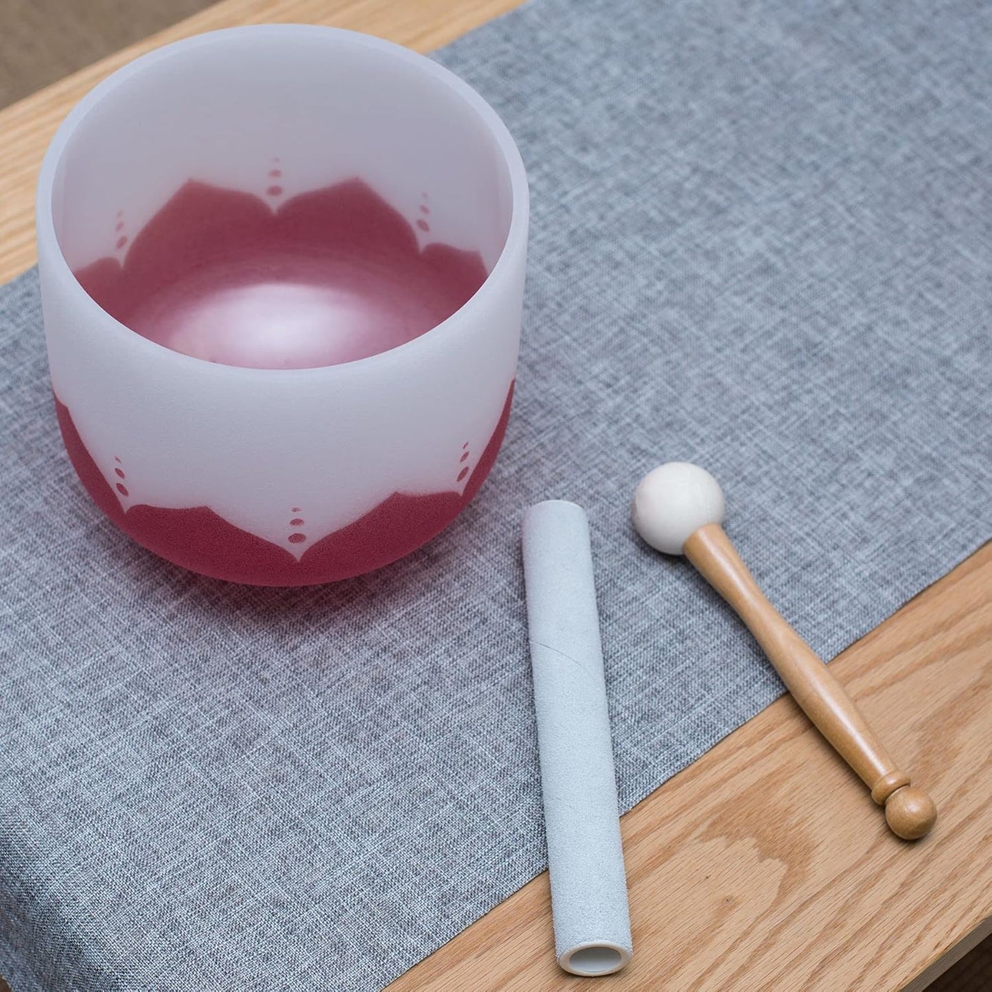 Leize Quartz Crystal Singing Bowl C Note 432 hz Root Chakra Red Lotus Design 12" Wide with Suede Striker