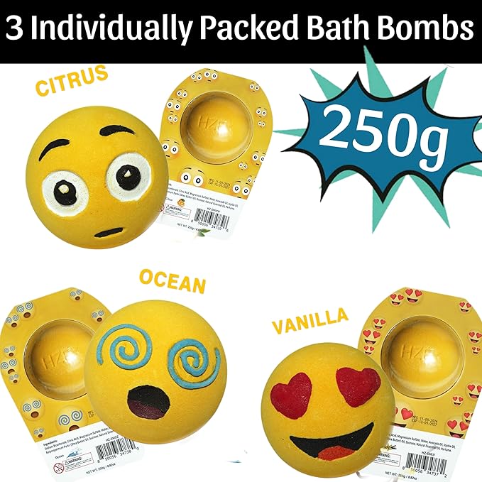 3 Large Emotion Face Bath Bombs (250g) – Fun Emoji-Inspired Spa Fizzies – Handmade with Shea Butter, Cocoa Butter & Essential Oils – Moisturizing Gift Set for Women, Men & Kids - Bloomnest