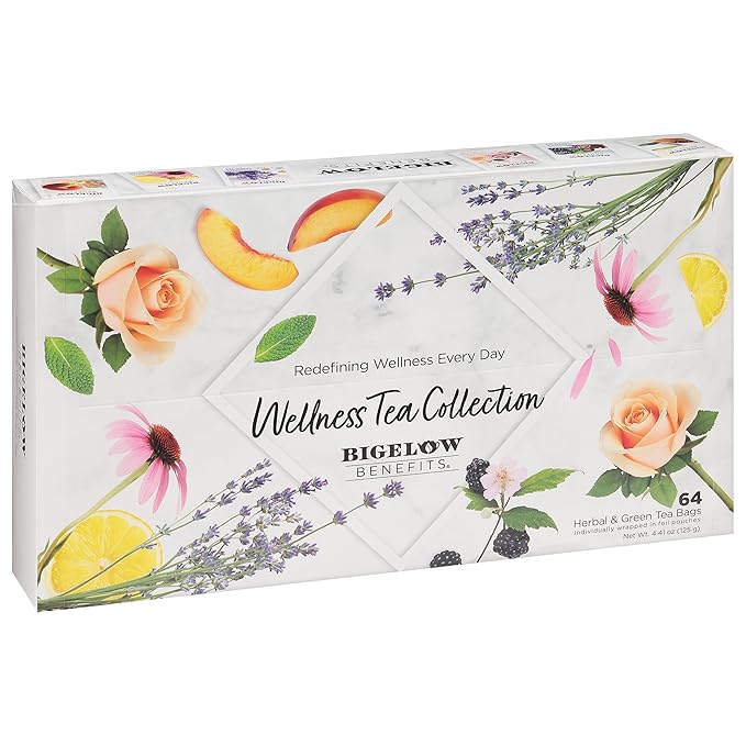 Bigelow Benefits Wellness Tea Collection, Variety Gift Box Sampler, 64 Tea Bags, (Pack of 1 - Bloomnest
