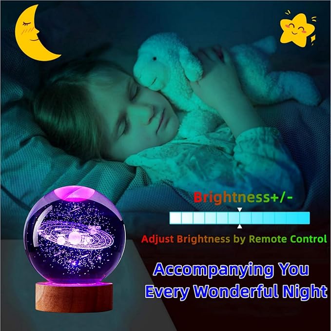 3D Large Solar System Crystal Ball Night Light with Wooden Base, Galaxy Crystal Lamp Gift for Kids Wife Friends, 16 Color Changing with Remote Control, 3.15 inch Planet Glass Ball Lamp (Solar System) - Bloomnest