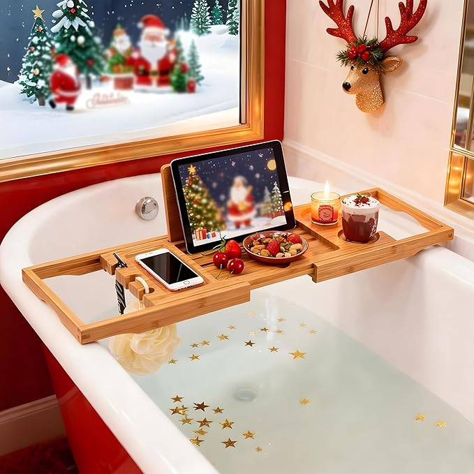 Utoplike Bamboo Bathtub Caddy Tray Bath Tray for Tub, Adjustable Bathroom Bathtub Organizer with Book Tablet Wine Glass Cup Towel Holder (24.5"-37.4") - Bloomnest