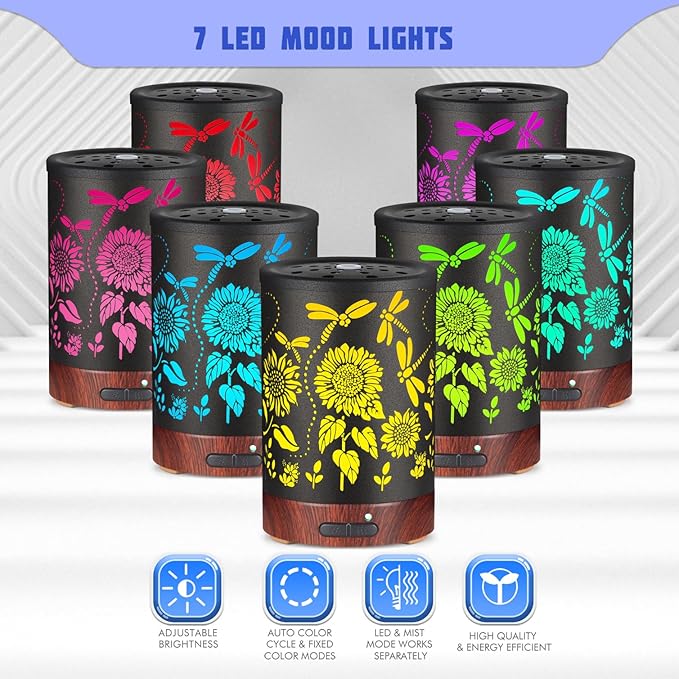 Essential Oils Diffuser,Christmas Aromatherapy Diffuser,Birthday Gifts for Women Mom Grandma,Metal Cool Mist Humidifier with 7 Colors Lights Waterless Auto Off Air Diffusers (Sunflower) - Bloomnest