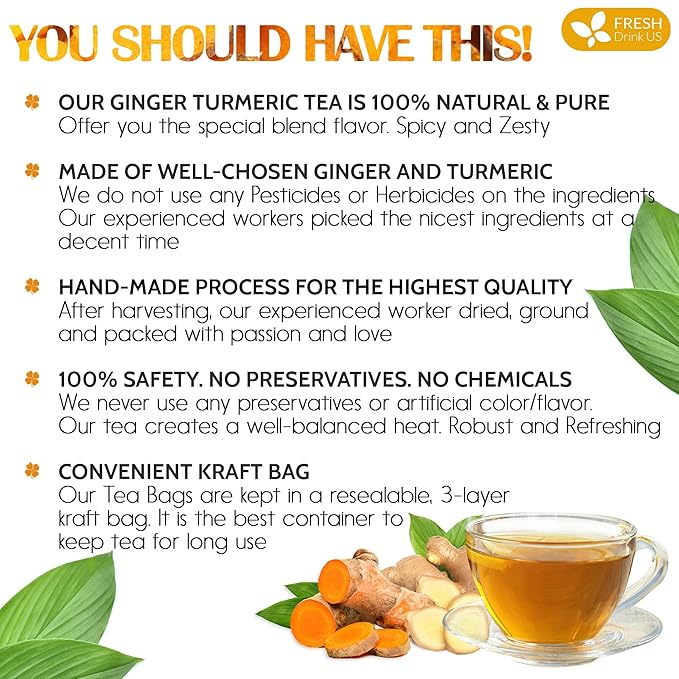 FreshDrinkUS, Premium 135 Turmeric Ginger Tea Bags, 100% Natural Ingredients, Hand-made Blend of Turmeric and Ginger Herbal Tea, Eco-conscious Tea Bags. No Sugar, No Caffeine, No Gluten, Vegan. - Bloomnest