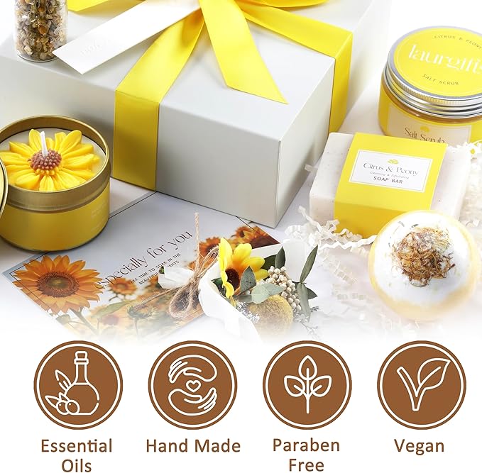 Birthday Gifts for Women – Yellow Sunshine Spa Gift Box, Luxury Bath & Self Care Care Package with Citrus & Amber Scent for Mom, Sister or Friend