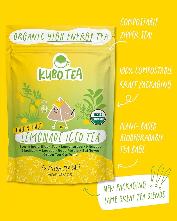 Kubo Tea Organic High Energy Iced Tea - High Caffeine Coffee Substitute with 20 Servings (155mg Caffeine each) - Pillow Tea Bags - Half & Half Lemonade Flavor w/Compostable & Biodegradable Packaging - Bloomnest