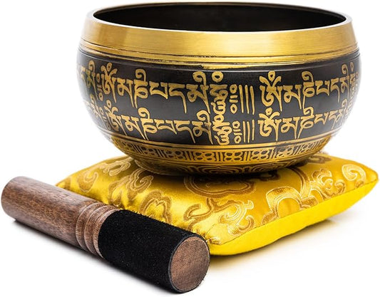 Tibetan Singing Bowl Set - 4" Easy To Play Authentic Handmade For Meditation Sound 7 Chakra Healing By HIMALAYAN BAZAAR (Black/Yellow, 4 Inches) - Bloomnest