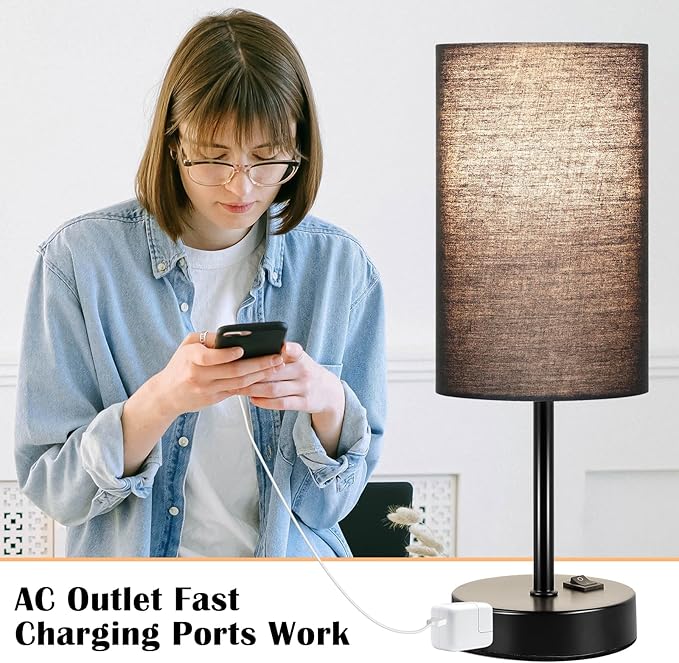 ZJOJO Table Lamp for Bedroom Set of 2, Bedside Small Lamps with 3 Way Dimmable Rocker Switch and AC Outlet, Nightstand Desk Lamp with Black Fabric Shade Black Base for Living Room Home Decor Lights - Bloomnest