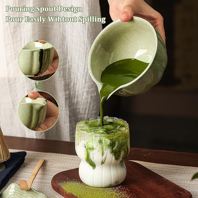 Matcha Whisk Set, 7-Pack Mottled Green Matcha Set - Include Petal Matcha Bowl with Spout, Bamboo Whisk, Chasen Holder, Sifter, Scoop, Tea Towel, Scoop Rest - Perfect Matcha Making Kit for Tea Lover - Bloomnest