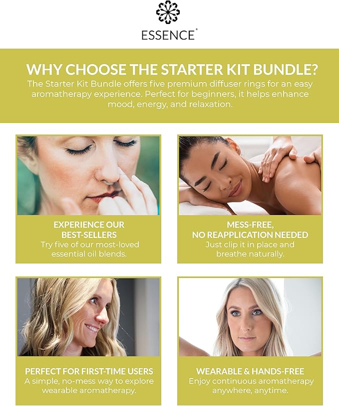 Essence Nasal Diffuser Starter Kit – Essential Oil Silicone Nose Ring Inhalers for Beginners – Wearable Aromatherapy Bundle for Relaxation, Energy & Breathing Support - Bloomnest