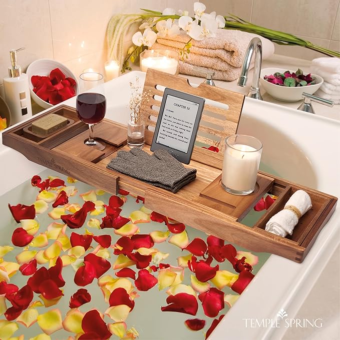 Temple Spring Wooden Bathtub Tray, Acacia Bathroom Accessories, Bath Tray for Tub, at Home Spa Essentials, Board for Tub Table, Bath Caddy for Bathtub Accessories & Bathroom Essentials - Not Teak - Bloomnest