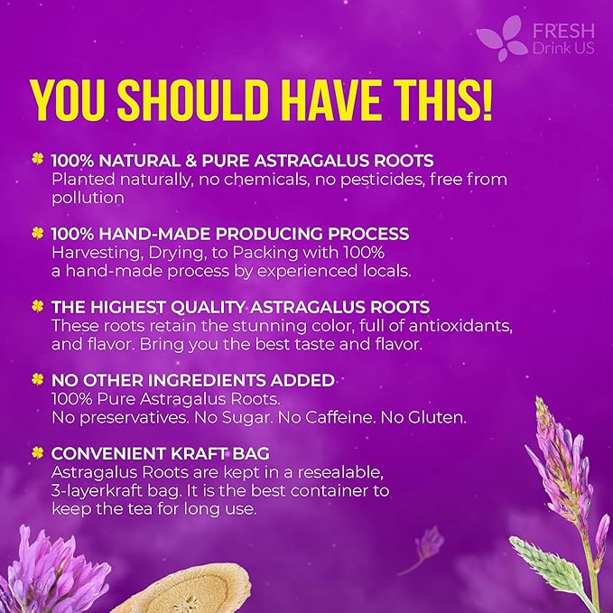 FreshDrinkUS, Premium 8oz Dried Astragalus Root Slices – 100% Natural Astragalus Root for Herbal Tea & Traditional Beverages – Natural, Clean Cut, No Additives. No Preservatives. Vegan - Bloomnest