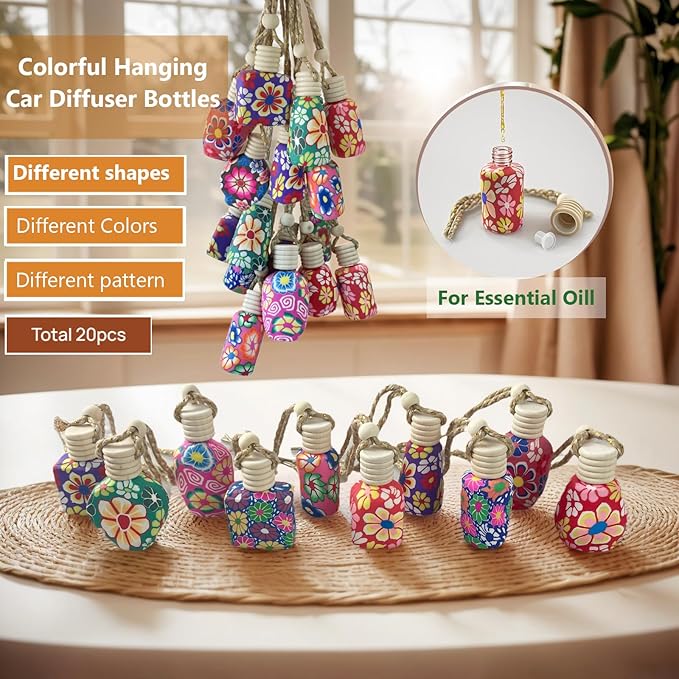 20Pcs 15ml Glass Car Diffuser Bottles Empty Bulk,Hanging Car Diffusers for Essential Oils,Refillable Car Air Freshener for Fragrance Perfume Aromatherapy with Flowers Women Home Decor,Color Random - Bloomnest