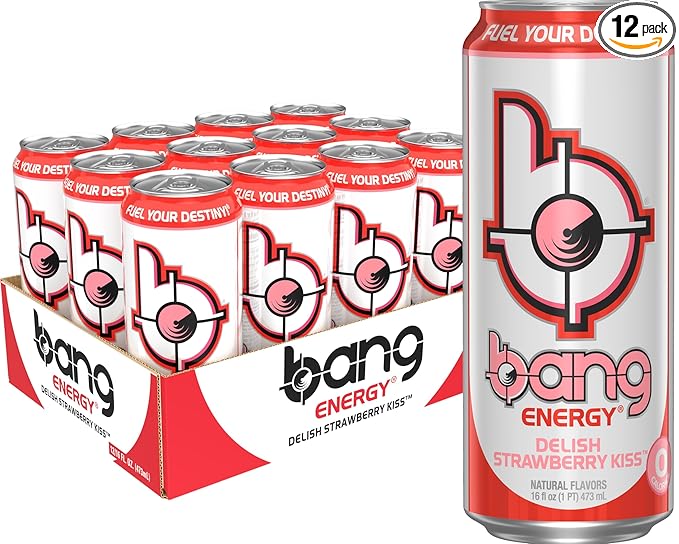 Bang Energy Delish Strawberry Kiss, Sugar-Free Energy Drink, 16 Fl Oz (Pack of 12) - Bloomnest