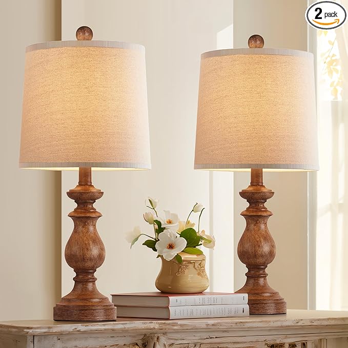PARTPHONER Traditional Table Lamp Set of 2, Rustic Farmhouse Table Lamps for Living Room Bedroom, 22" Bedside Desk Lamps Vintage Nightstand Lamps with Linen Shades, Wood Grain - Bloomnest
