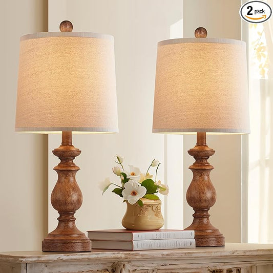 PARTPHONER Traditional Table Lamp Set of 2, Rustic Farmhouse Table Lamps for Living Room Bedroom, 22" Bedside Desk Lamps Vintage Nightstand Lamps with Linen Shades, Wood Grain - Bloomnest