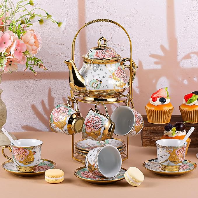 20 Pcs Porcelain Tea Set for Women, Vintage Teapot Set with Metal Holder and Spoons European Ceramic Flower Tea Sets for Home Family Gathering Tea Party - Bloomnest