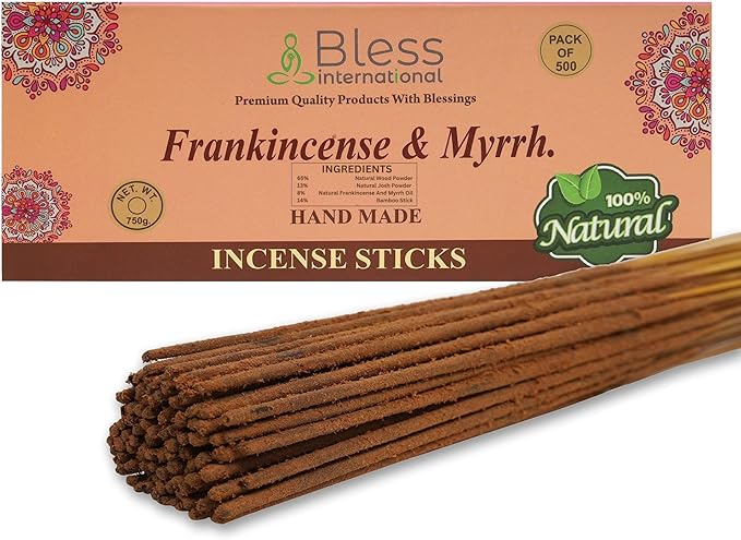 Bless-Frankincense-and-Myrrh 100%-Natural-Handmade-Hand-Dipped-Incense-Sticks Organic-Chemicals-Charcoal-Free Purification-Relaxation-Positivity-Yoga-Meditation Best-Woods-Scent (500 Sticks (26 OZ)) BlessInternational