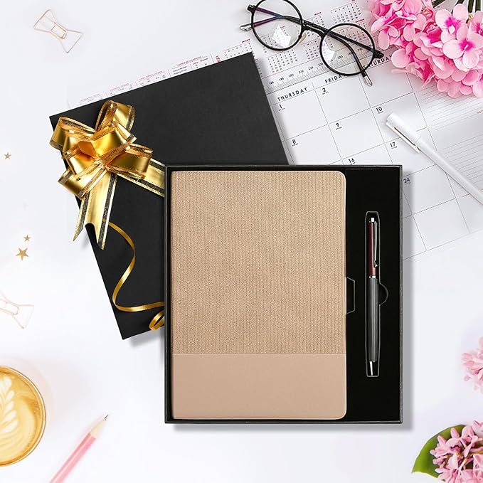 TSFPapier A5 Lined Notebook with Pen & Gift Box 216 Pages PU Leather Journals for Women Men 100GSM Thick Paper College Ruled Notebook for Christmas Gifts, School,Travel,Business,Work,Home Writing (Khaki) - Bloomnest