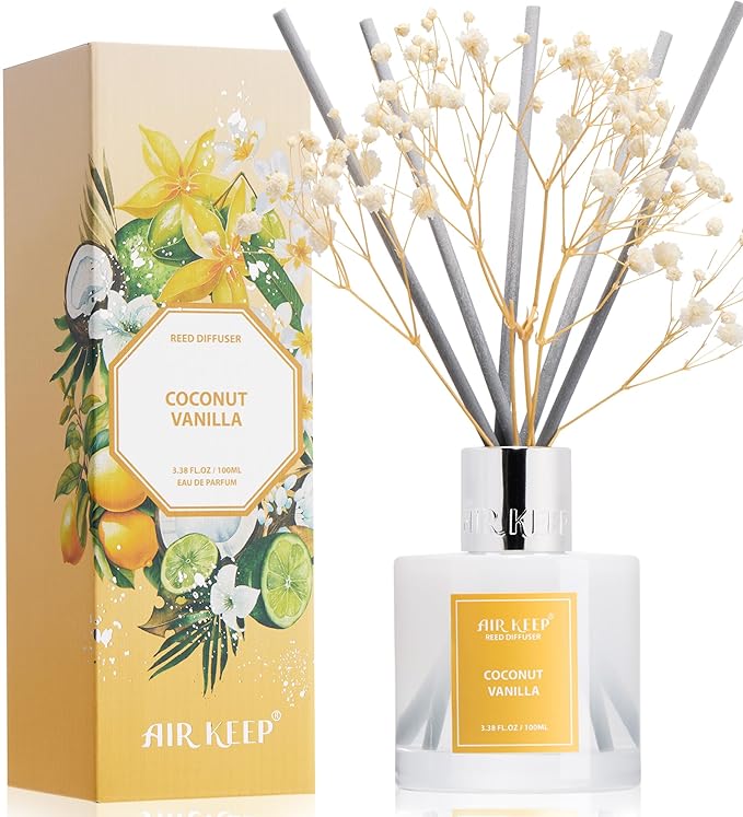 Airkeep Reed Diffuser Set,3.38 fl oz (100 ml) - Coconut Vanilla Oil Diffusers with 8 Reed Sticks, Home Fragrance Reed Diffuser for Bathroom Shelf Decor