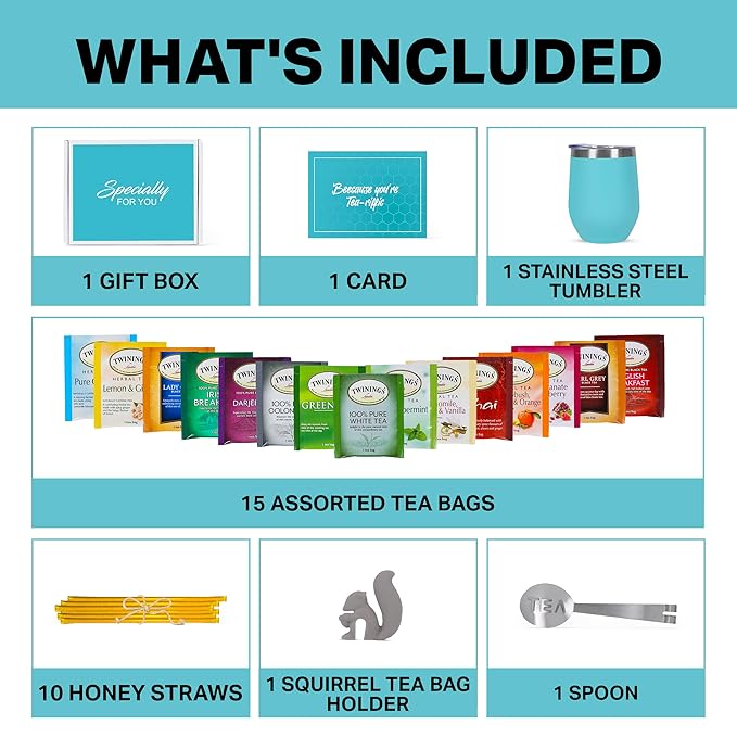 Modern Elegance Tea Tumbler Gift Set – Includes Tea Bag Holder, Spoon, Honey Straw, 15 Assorted Flavor Blends & Hot & Cold 12oz Insulated Tumbler – Ideal for Holiday Gift for Tea Lovers – Teal - Bloomnest