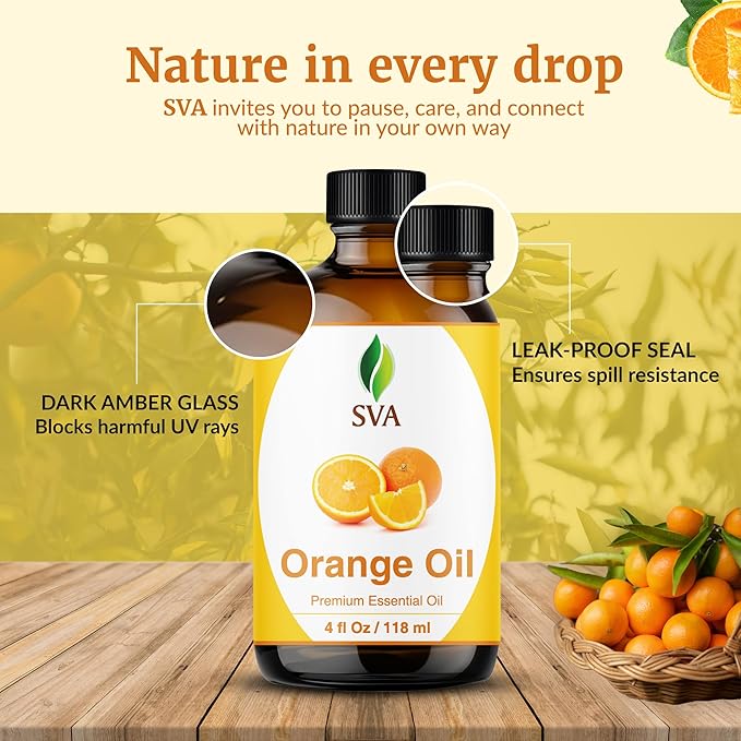 SVA Orange Essential Oil – 4 Fl Oz – 100% Natural Orange Oil - for Diffuser, Hair Care, Face, Skin Care, Aromatherapy, Scalp and Body Massage, Soap and Candle Making - with Dropper - Bloomnest