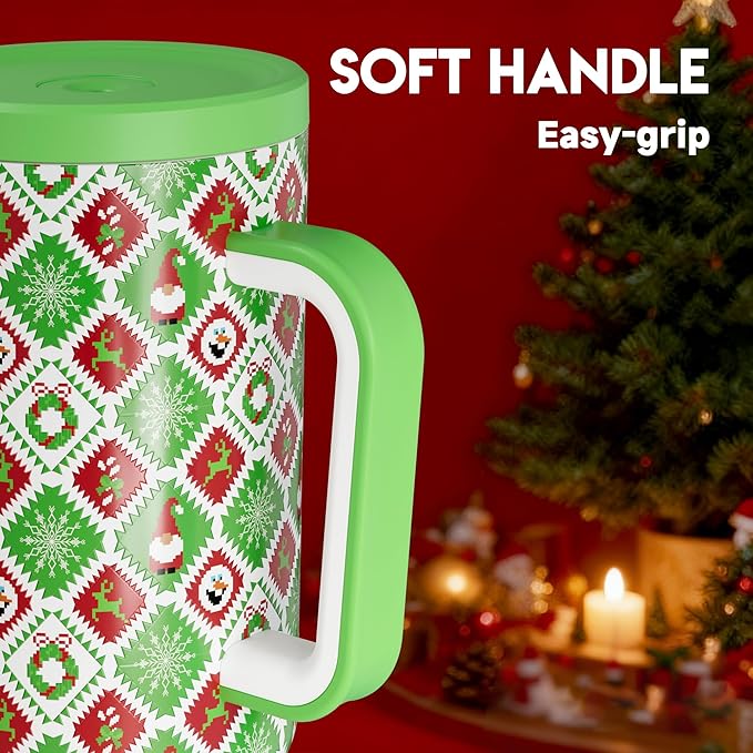 Meoky 40 oz Christmas Tumbler with Handle and Straw, Xmas Tumbler with Lid and Straw, Insulated Stainless Steel Travel Mug, Christmas Gifts for Women Men Adults (Snowy Santa) - Bloomnest