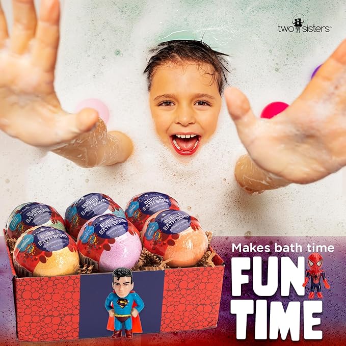 Superhero Bath Bombs for Kids with Surprise Toys Inside (6 Pack) - Large Bubble Bomb Fizzies for Boys, Girls, & Toddlers - Fruity Scents, Relaxing Aromas, Made in USA, Birthday Gift by Two Sisters - Bloomnest