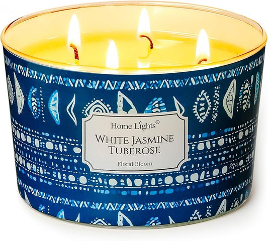 HomeLights Scented Candles for Women & Men, 18oz Candle Jars Aromatherapy 4-Wick Candle, Ideal for Bohemian Natural Textures Home Decor and Gifts, White Jasmine Tuberose - Bloomnest