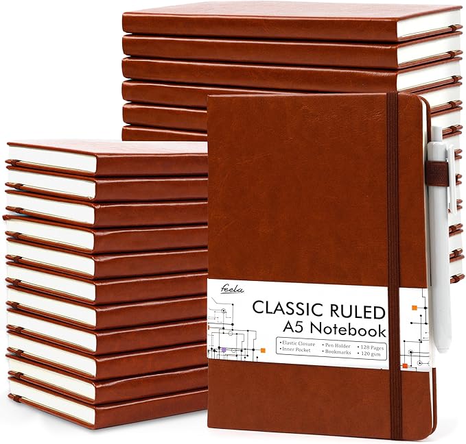 feela 24 Pack Journal Notebook for Work, Business Notebook Bulk Hardcover Lined Writing Journal with Pen Holder for Men Women Note Taking, with 24 Black Pens, 120 GSM, 5.1”x8.3”, A5, Brown - Bloomnest