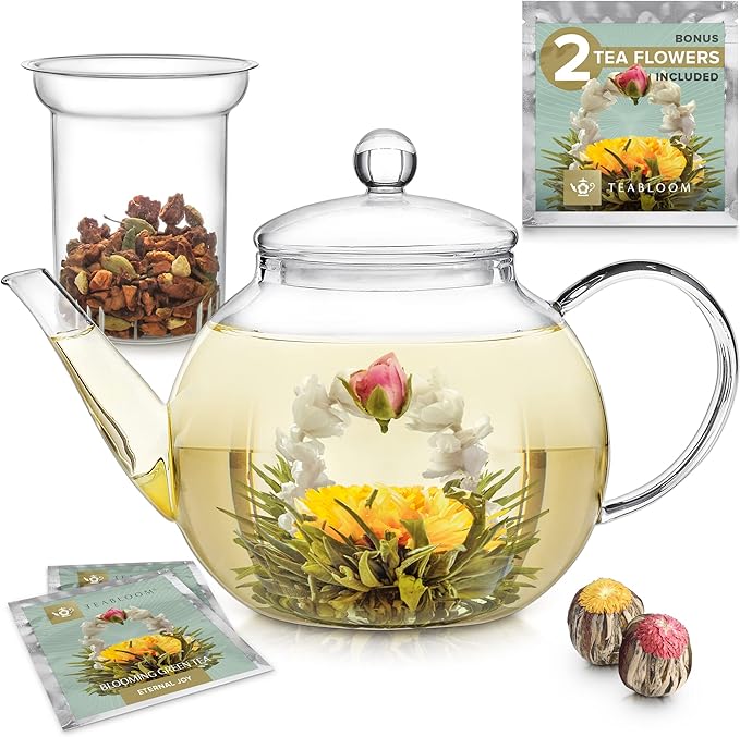 Teabloom Stovetop & Microwave Safe Glass Teapot with Removable Loose Tea Glass Infuser – Includes 2 Blooming Teas – 2-in-1 Tea Kettle and Tea Maker – Tea Purist's Choice - Bloomnest