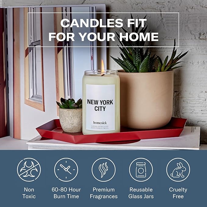 Homesick Scented Candles for Home (New York City) - 13.75 oz Long-Lasting Soy Wax Jar Candle for Women & Men for All Occasions, 60-80 Hours Burn Time - Notes of Lemon, Grapefruit & Jasmine - Bloomnest