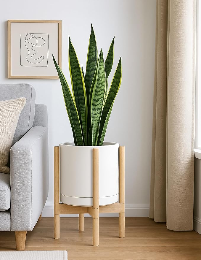 D'vine Dev Ceramic Planter with Natural Stand - 12 Inch Modern Round Flower Pot with Wood Planter Holder, Oatmeal, 55-B-J-8 - Bloomnest