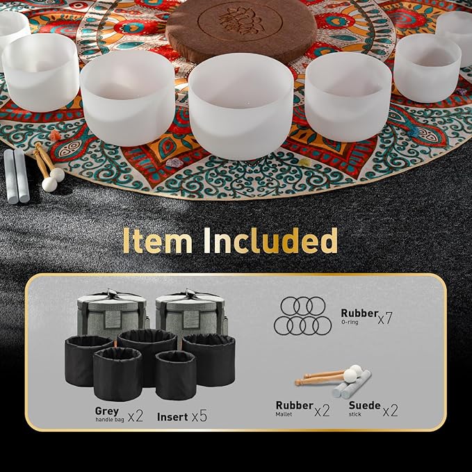 CVNC 432HZ 6-12 Inch Frosted Quartz Crystal Singing Bowls Chakra Set of 7 for Sound Healing and Meditation - Bloomnest