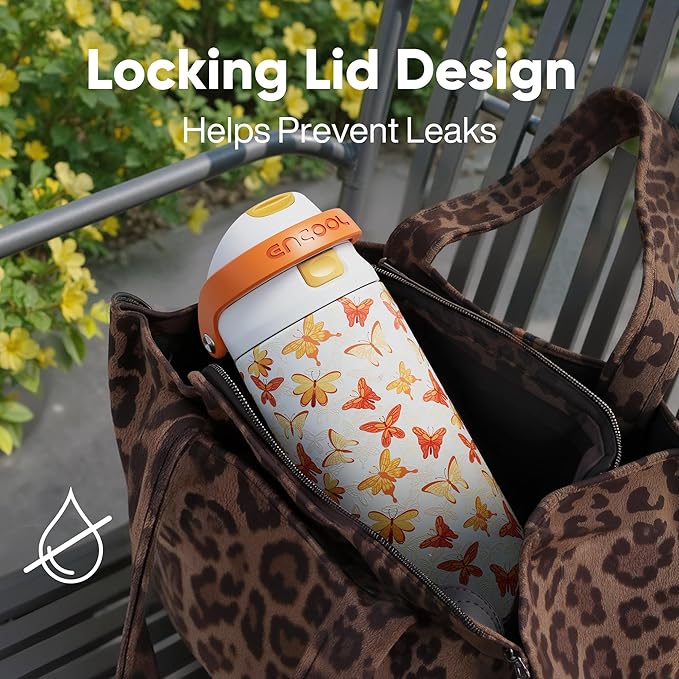 ENCOOL Leakproof Insulated Water Bottle with Straw Dual-Sip Water Bottle Bag-Safe Design for Work, Commute & Gym – Keeps Drinks Cold All Day, 24 oz, Sunset Butterflies ENCOOL