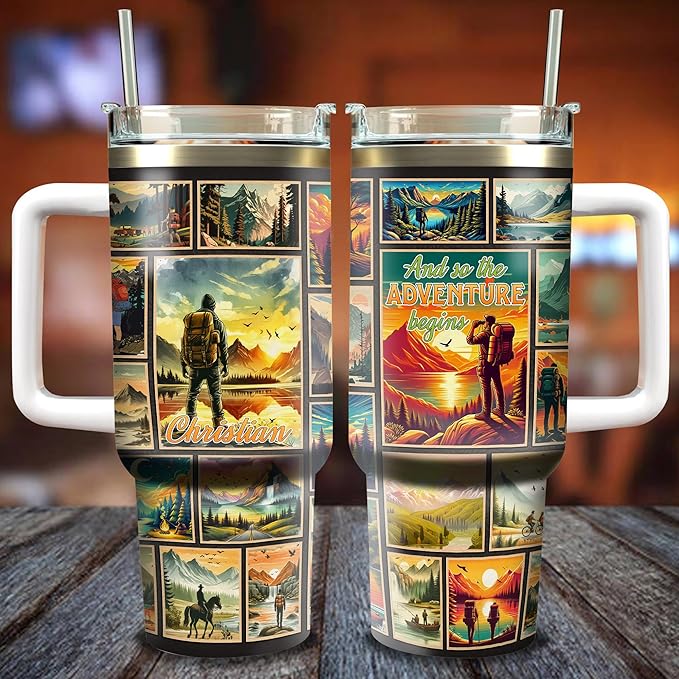 WAZONE Personalized Adventures Tumbler 40oz with Handle and Straw Custom Name And So The Adventure Vacuum Stainless Steel Insulated Coffee Mug Birthday Gifts For Traveling Lover Men Him Dad Papa - Bloomnest