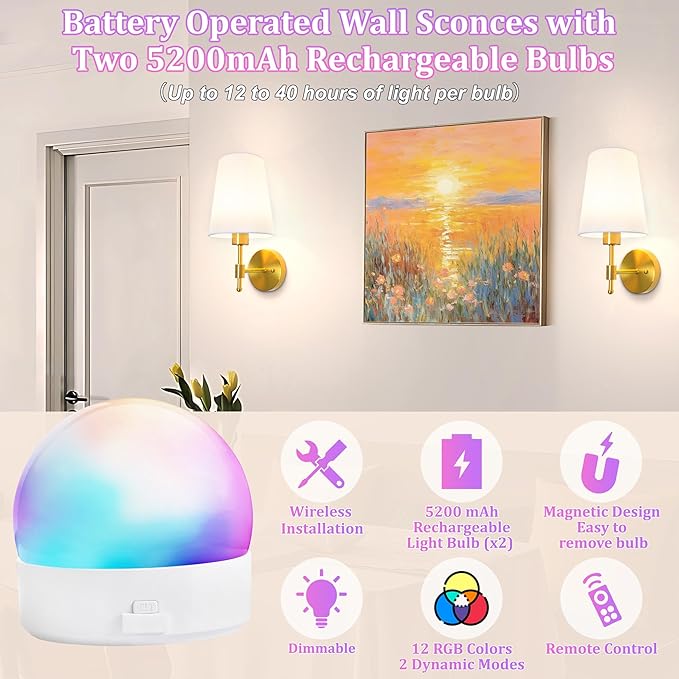 Battery Operated Wall Sconces Set of 2,Rechargeable Wall Lights with 5200mAh Dimmable Bulbs and Remote,Adjustable 15 Colors,Wireless Wall Lamps for Bedroom Living Room - Bloomnest