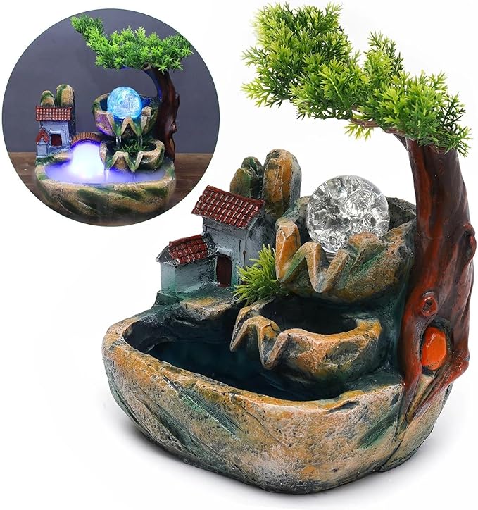 Waterfall Fountain Indoor Mini Waterfall with Led Lights & Atomizer Indoor Fountains and Waterfalls Table Top Water Fountain for Office, Home, Bedroom Desk Decor (Rockery Flowing Water)