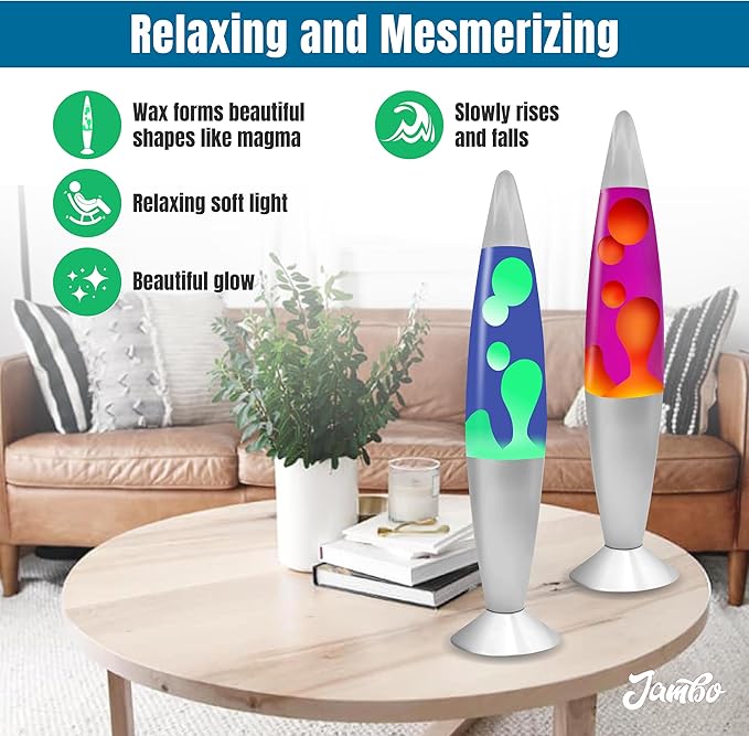 JAMBO 2 Pack- 16" Beautiful Lamp- Blue with Yellow/Green Wax and Purple with Yellow Wax, Relaxing Liquid Lamp, Night Light Nightlight, Lamps for Adults Teens Kid - Bloomnest