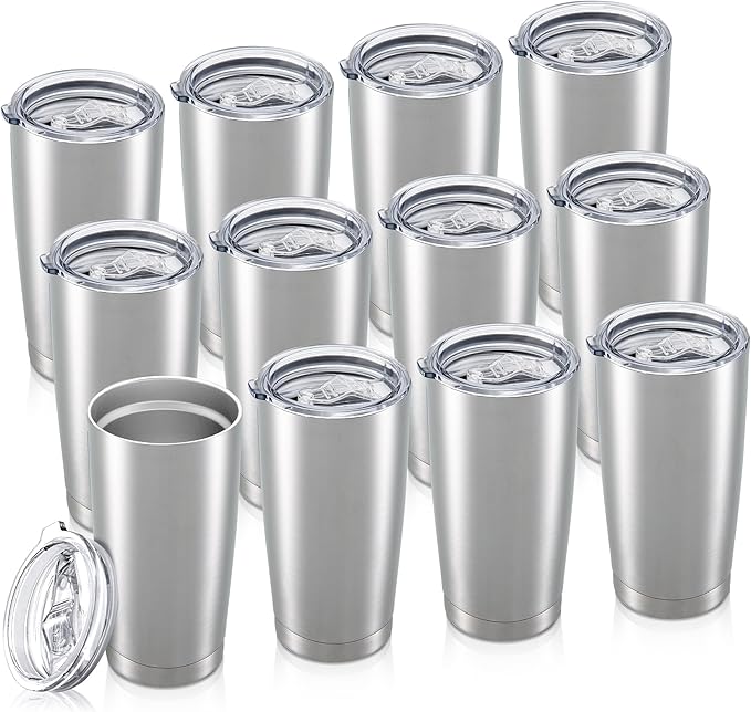20 oz Tumbler Bulk with Lid Stainless Steel Insulated Tumblers Double Wall Vacuum Coffee Mug Powder Coated Tumbler Cups for Cold and Hot Drinks, Stainless Steel, 12 pack