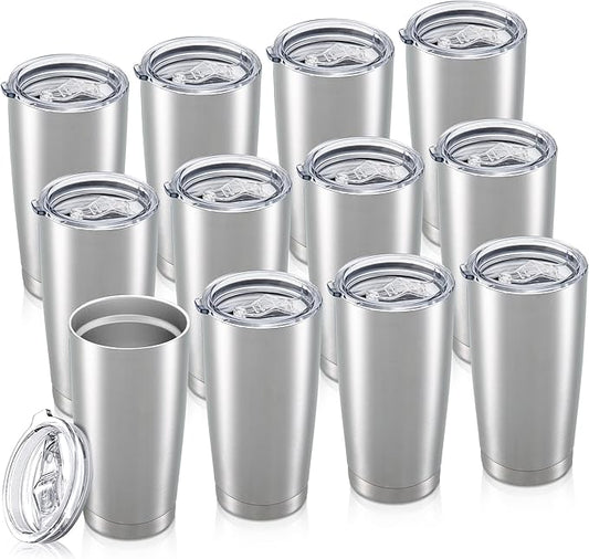 20 oz Tumbler Bulk with Lid Stainless Steel Insulated Tumblers Double Wall Vacuum Coffee Mug Powder Coated Tumbler Cups for Cold and Hot Drinks, Stainless Steel, 12 pack