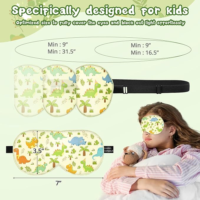 Kids Sleep Mask Eye Cover: 100% Real Natural Pure Silk Eye Mask with Adjustable Strap, Funny Blindfold Kids Eye Mask for Sleeping, Soft & Lightweight Eye Shade for Boys Girls Teens (Dinosaur Style) - Bloomnest
