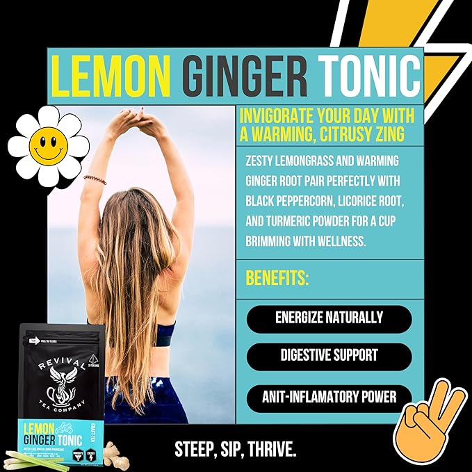 Revival Tea Company Lemon Ginger Tonic - Caffeine Free Herbal Tea Blend with Lemongrass and Ginger - 24 Tea Bags - Bloomnest